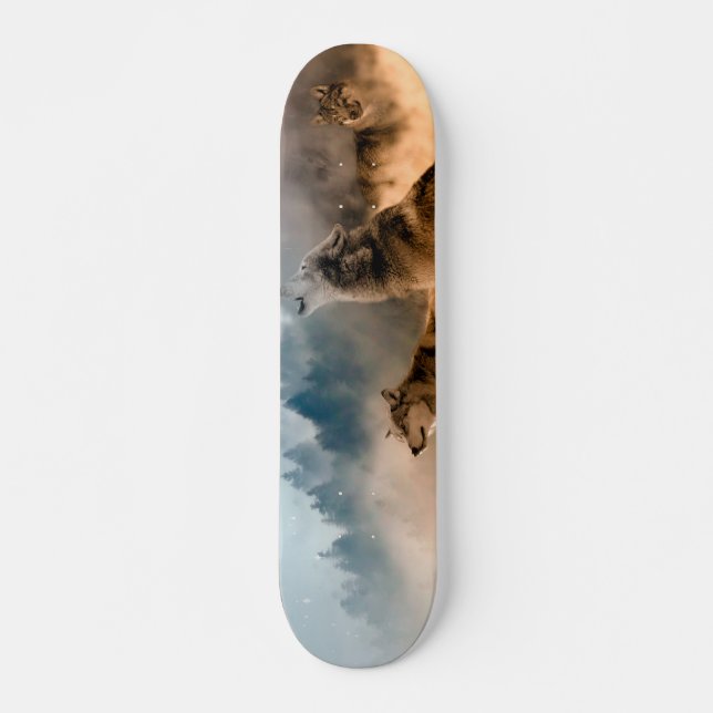 Two wolves howl at the full moon in forest skateboard (Front)