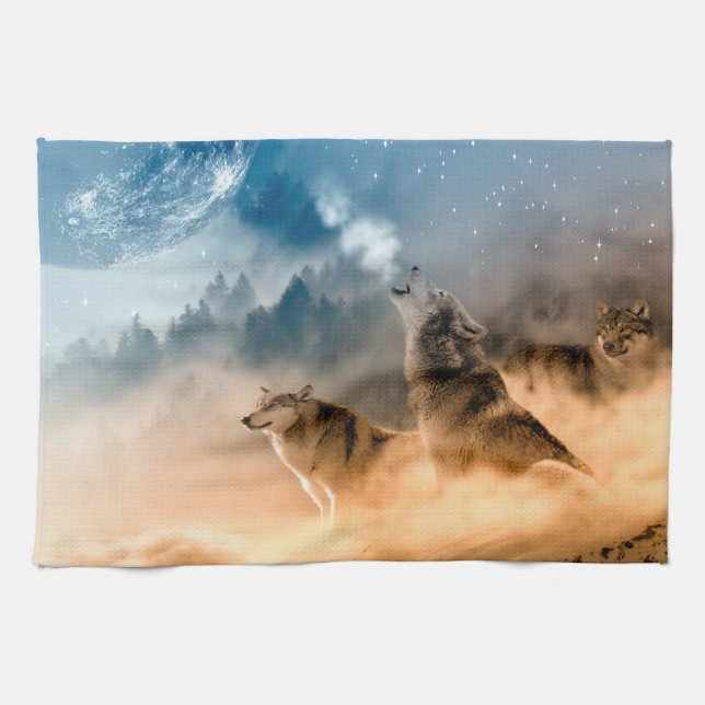 Two wolves howl at the full moon in forest tea towel (Horizontal)