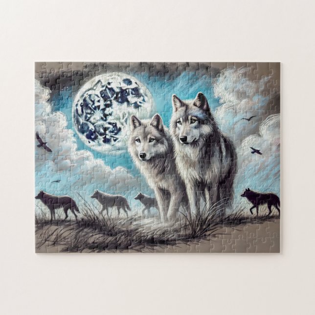Two Wolves in Moonlight with Pack Jigsaw Puzzle (Horizontal)