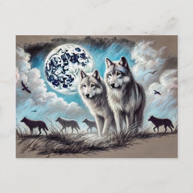 Two Wolves in Moonlight with Pack Postcard (Front)