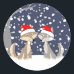 Two wolves in winter Christmas Sticker<br><div class="desc">Warm friendship embodied by two wolves (with bright red Christmas hats!) in the snow. Christmas and New Year greetings.</div>
