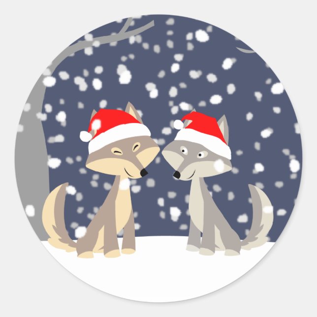 Two wolves in winter Christmas Sticker (Front)