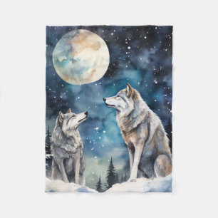Two Wolves in Winter Fleece Blanket