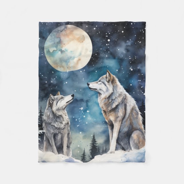 Two Wolves in Winter Fleece Blanket (Front)