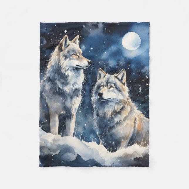 Two Wolves in Winter Fleece Blanket (Front)