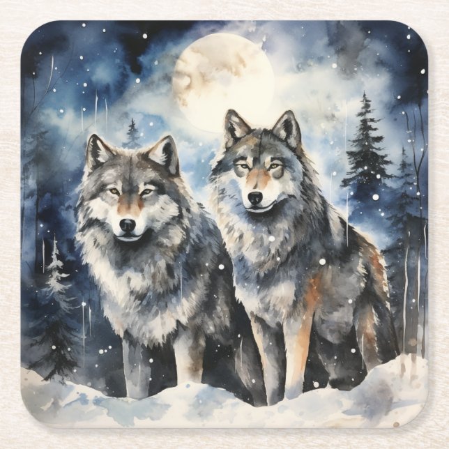 Two Wolves in Winter Square Paper Coaster (Front)