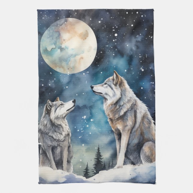 Two Wolves in Winter Tea Towel (Vertical)