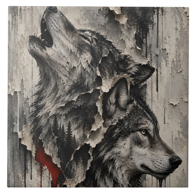 Two Wolves, One Heart Ceramic Tile (Front)