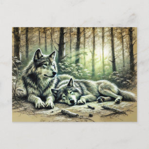 Two Wolves Resting in the Forest Postcard