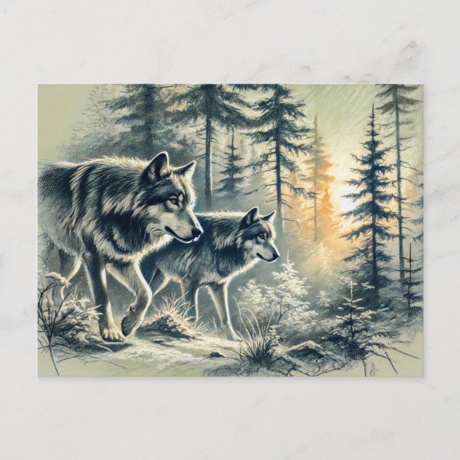 Two Wolves Running at Sunrise Postcard (Front)