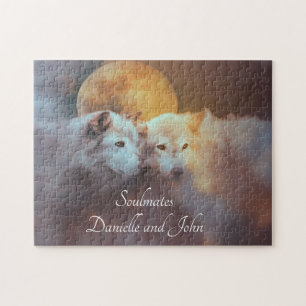 Two Wolves with Custom Names Soulmates Jigsaw Puzzle