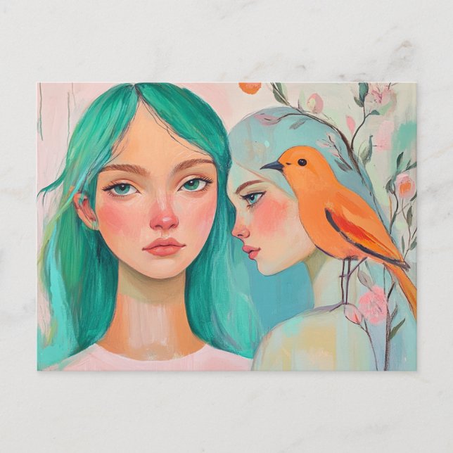 Two Women and a Bird Postcard (Front)