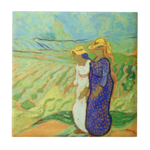 Two Women Crossing the Fields by Vincent van Gogh Ceramic Tile