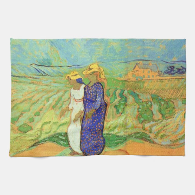 Two Women Crossing the Fields by Vincent van Gogh Tea Towel (Horizontal)