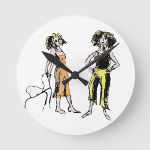 Two women depicted with curly hair  round clock