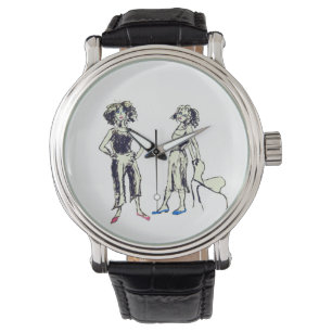 Two women depicted with curly hair  watch