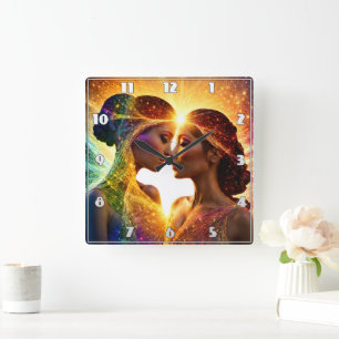 Two Women Embrace With Colourful Energy Aura Square Wall Clock