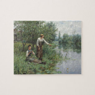 Two Women Fishing on the Grass by the River Jigsaw Puzzle