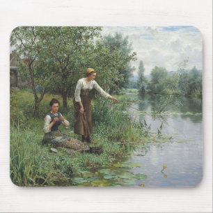 Two Women Fishing on the Grass by the River Mouse Pad