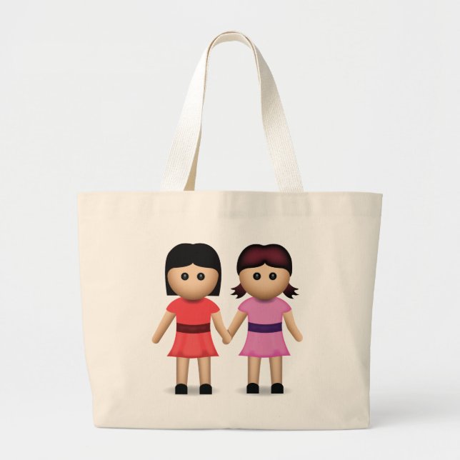 Two Women Holding Hands Emoji Large Tote Bag (Front)