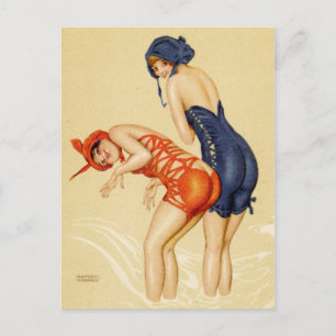 Two women in bathing suits - Vintage Pin Up Postcard
