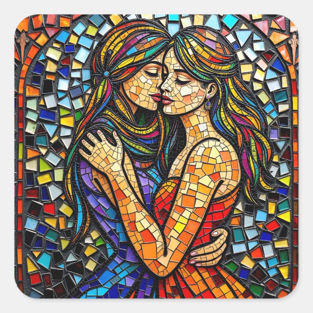 Two Women in Mosaic Tile Style Ai  Art Square Sticker (Front)