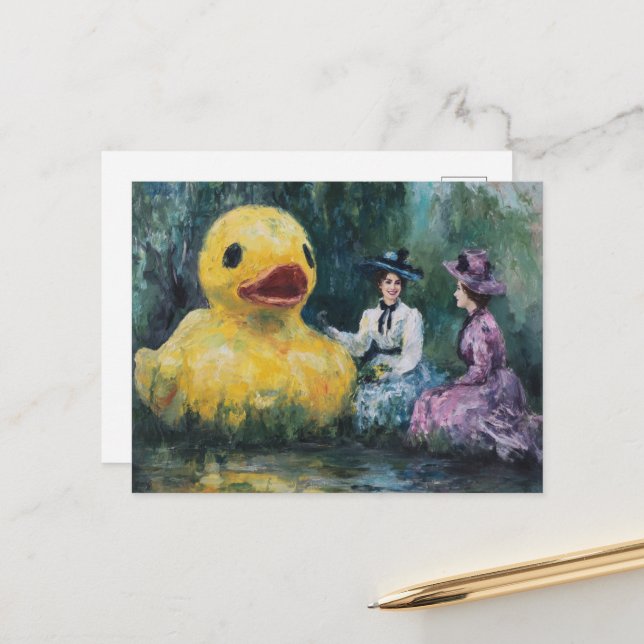 Two Women Picnic in Park With a Giant Duck Postcard (Front/Back In Situ)