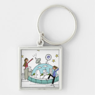 Two women sitting on top of a city key ring