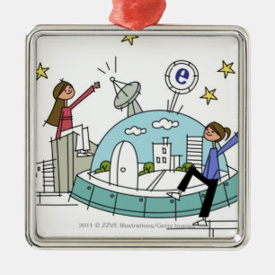 Two women sitting on top of a city metal tree decoration