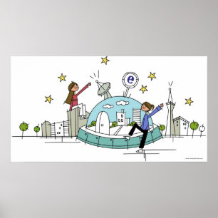 Two women sitting on top of a city poster