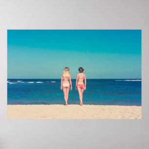 TWO WOMEN WEARING BIKINI STANDING ON SHORE POSTER