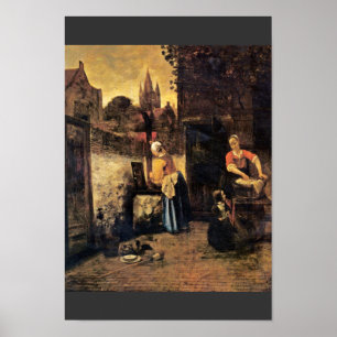 Two Women With A Child In The Yard By Pieter De Ho Poster