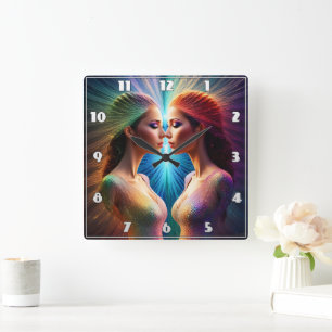 Two Women With Colourful Auras in Abstract Art Square Wall Clock