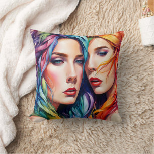 Two Women With Colourful Hair and Bold Expressions Cushion