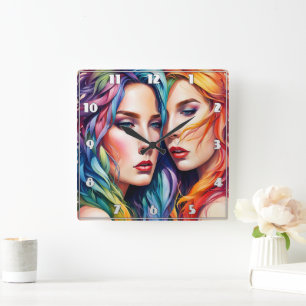 Two Women With Colourful Hair and Bold Expressions Square Wall Clock