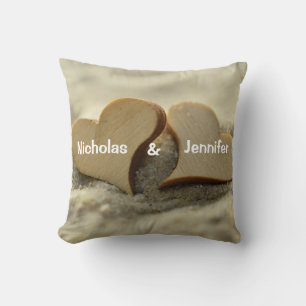 Two Wood Hearts In The Sand Beach Wedding Cushion