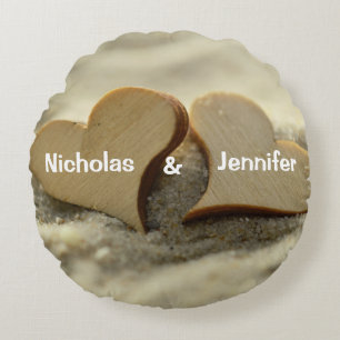 Two Wood Hearts In The Sand Beach Wedding Round Cushion