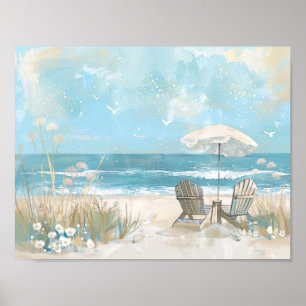 two wooden chairs and a parasol on a beach  poster