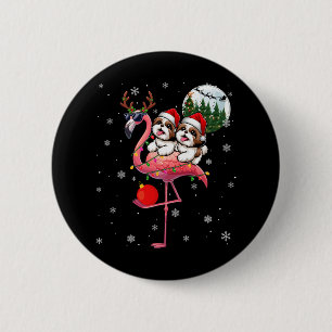 Two Xmas Shih Tzus Riding Flamingo Reindeer Sungle 6 Cm Round Badge