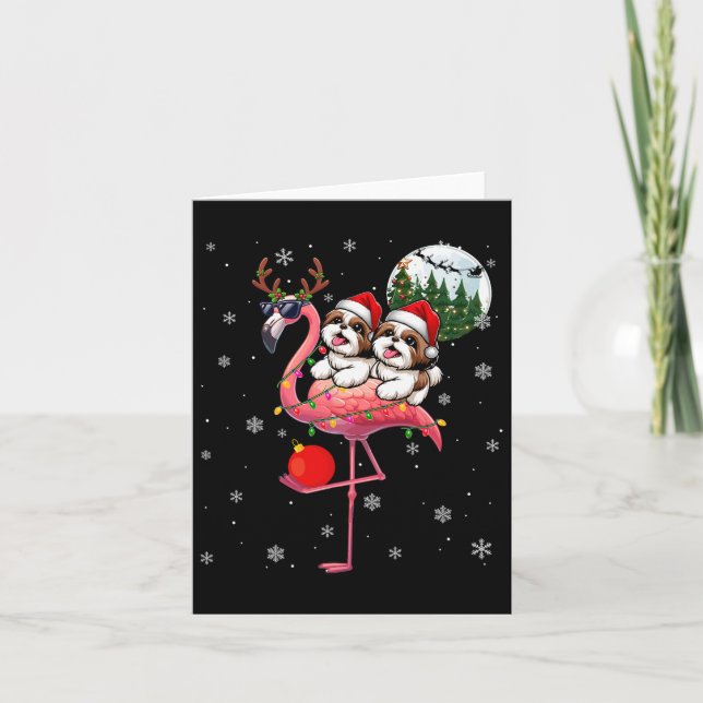 Two Xmas Shih Tzus Riding Flamingo Reindeer Sungle Card (Front)