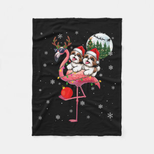 Two Xmas Shih Tzus Riding Flamingo Reindeer Sungle Fleece Blanket