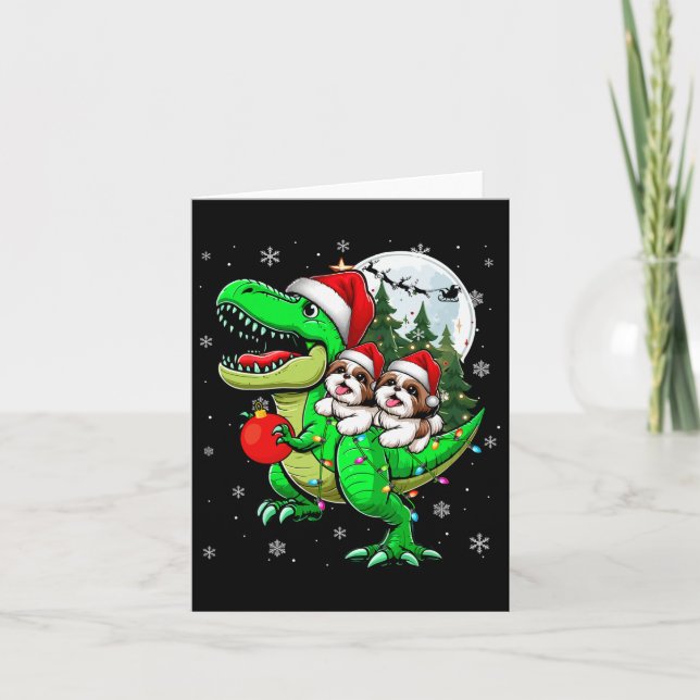 Two Xmas Shih Tzus Riding T-rex Reindeer Lover Kid Card (Front)