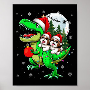 Two Xmas Shih Tzus Riding T-rex Reindeer Lover Kid Poster