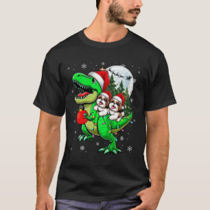Two Xmas Shih Tzus Riding T-rex Reindeer Lover Kid T-Shirt