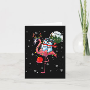 Two Xmas Snowmen Riding Flamingo Reindeer Sungles Card