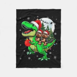 Two Xmas Yorkshire Terriers Riding T-rex Reindeer  Fleece Blanket