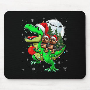 Two Xmas Yorkshire Terriers Riding T-rex Reindeer Mouse Pad
