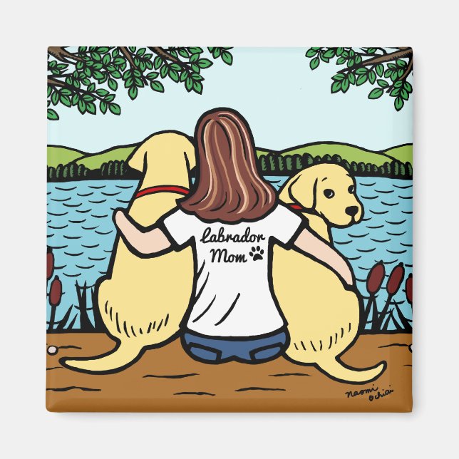 Two Yellow Labradors and Mum Long Leaves Magnet (Front)