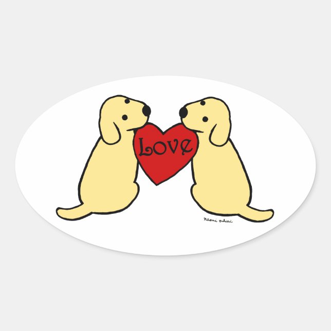 Two Yellow Labradors with Love Cartoon Oval Oval Sticker (Front)