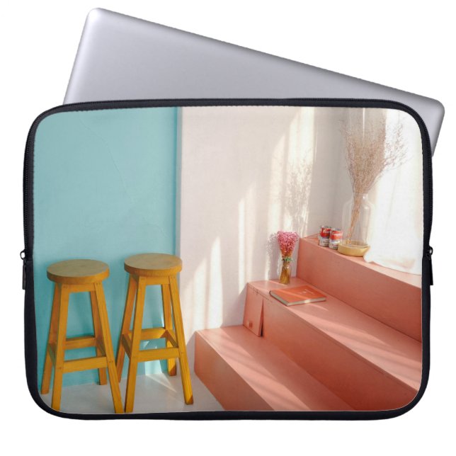 Two yellow wooden bar stools laptop sleeve (Front)